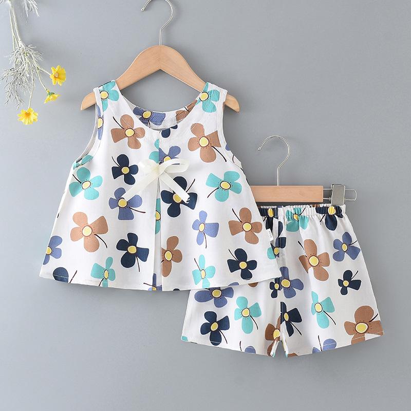Children's Cotton Silk Suit Summer Thin Girl Baby Sleeveless Shorts Vest Cotton Silk Home Clothing Two-piece Set