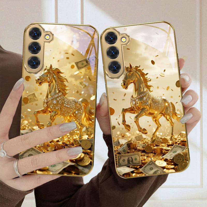 A Lovely Golden Steed For Samsung Galaxy S20 FE S21 S22 Ultra S23 Plus S24 Ultra 25Ultra S21+ S9+ 22Plus Golden Glass Phone Case