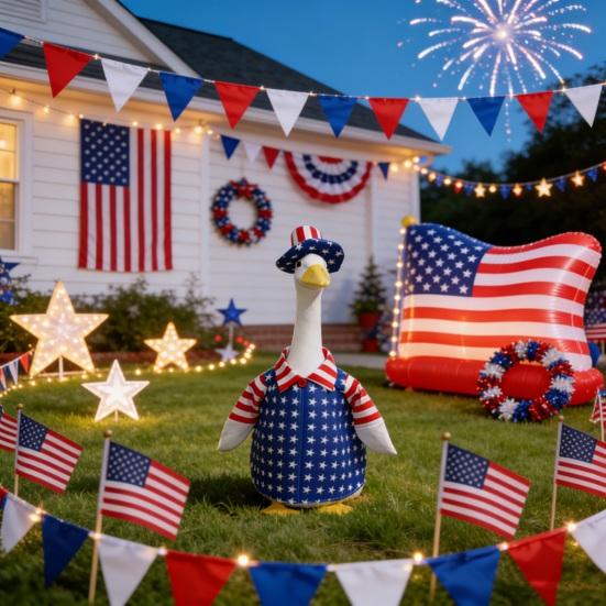 1 Set Independence Day Goose Outfit Outdoor Porch Goose Costumes Patriotic Stars And Stripes Jacket Hat Set for 23 Inch