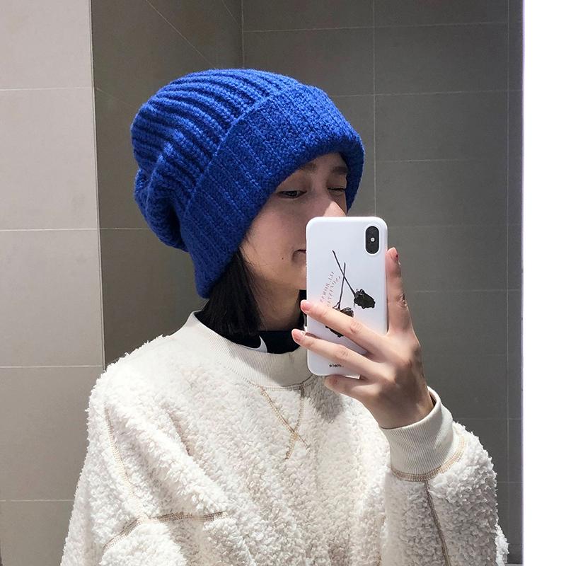 Wollmütze Damen Herbst und Winter Strickmütze Warmer Ohrenschutz Großer Kopf Lose Flormütze