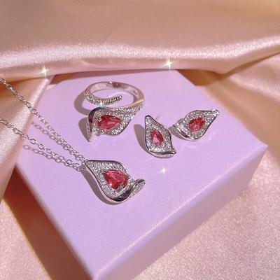 New Women's Jewelry Three Piece 925 Stamp Premium Inlaid Irregular Red Zircon Party Wedding Bridal Jewelry Gift