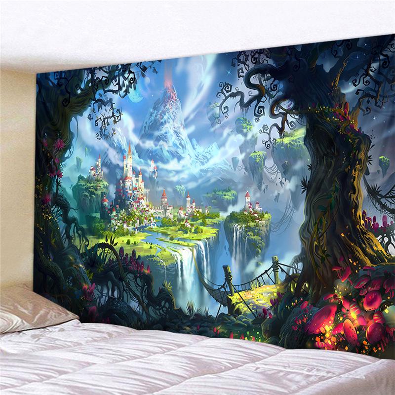 Paradies Wunderland Psychedelischer Wandteppich Riesenpilzhaus Böhmische Wohnkultur Groß