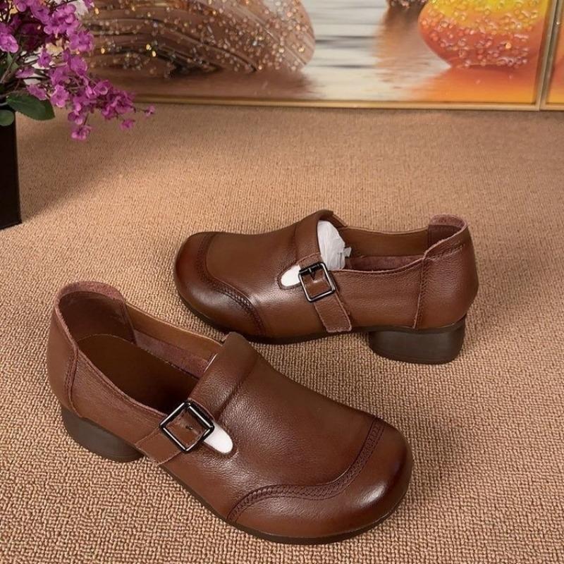 Women's Leather Mary Jane Shoes Comfortable Chunky Heel Casual Pumps with Buckle Strap