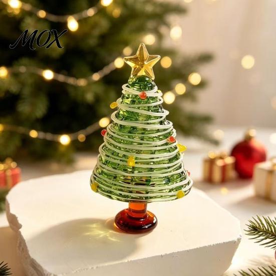 Glass Christmas Tree Decoration Glazed Figurine, Colorful Miniature Xmas Decor, Handcrafted Table Centerpiece for Home Office Holiday Unique