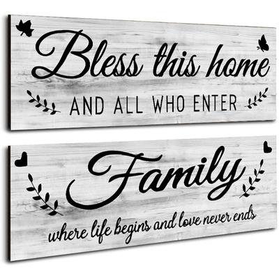 2pcs Wooden Signs Bless This Home Family Farmhouse Wall Art Decor For Bedroom Living Room Office
