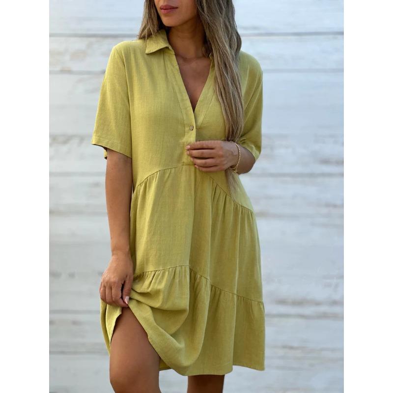 QICED Women's Fashion Summer Spring Solid Color Print V-Neck Short Sleeve Casual Dresses