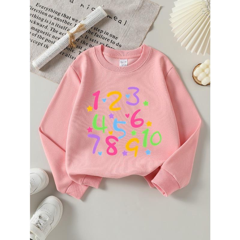Girls' Soft Crewneck Sweatshirt with Colorful Numbers, Stars, And Hearts Print Pattern, Cute Creative Print, Casual All-Match for Fall Winter