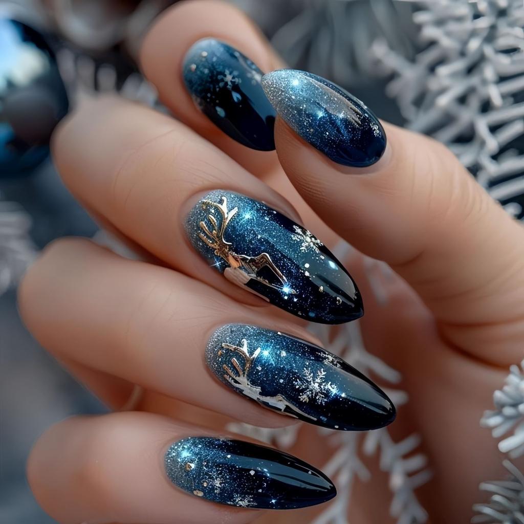 24Pcs Red Glitter Christmas Leaf Pattern Short Oval Press On Nails Fake Nail Tips Set