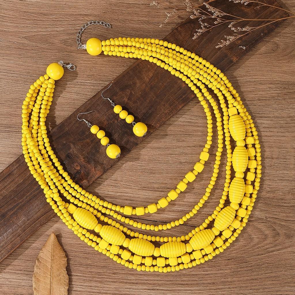 Bohemian Geometric Wooden Bead Necklace And Earrings Set For Party Wear
