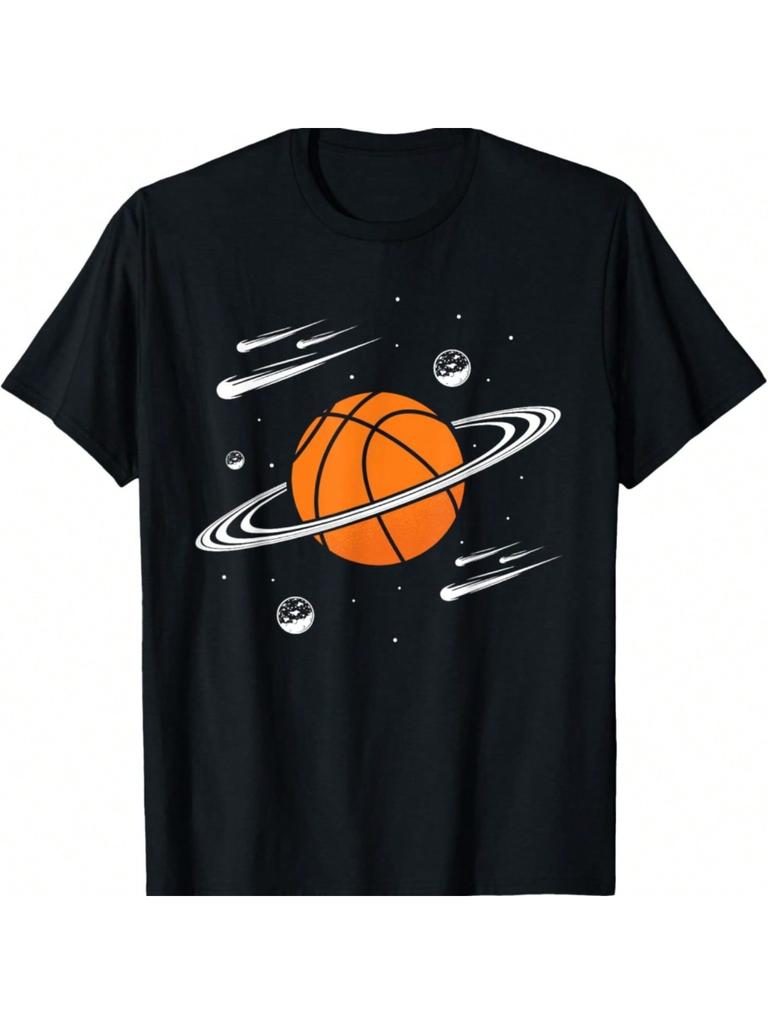2026 Basketball Planet with Rings and Meteorites Funny Graphic Crew Neck Short Comfortable and Loose Unisexs and Womens Tshirts