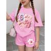 67 Sechs Sieben Mädchenkleidung Niedliche Schleifen Blumenprint Mädchen Kurzarm-T-Shirt + Hosen Set Lässige Mode Kinderkleidung Oberteile