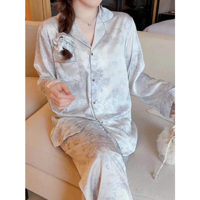 Women Pajamas Set Luxury Sleepwear Print Smooth Faux Silk Pajama Set Home Clothe Nightclothes Summer Outfits