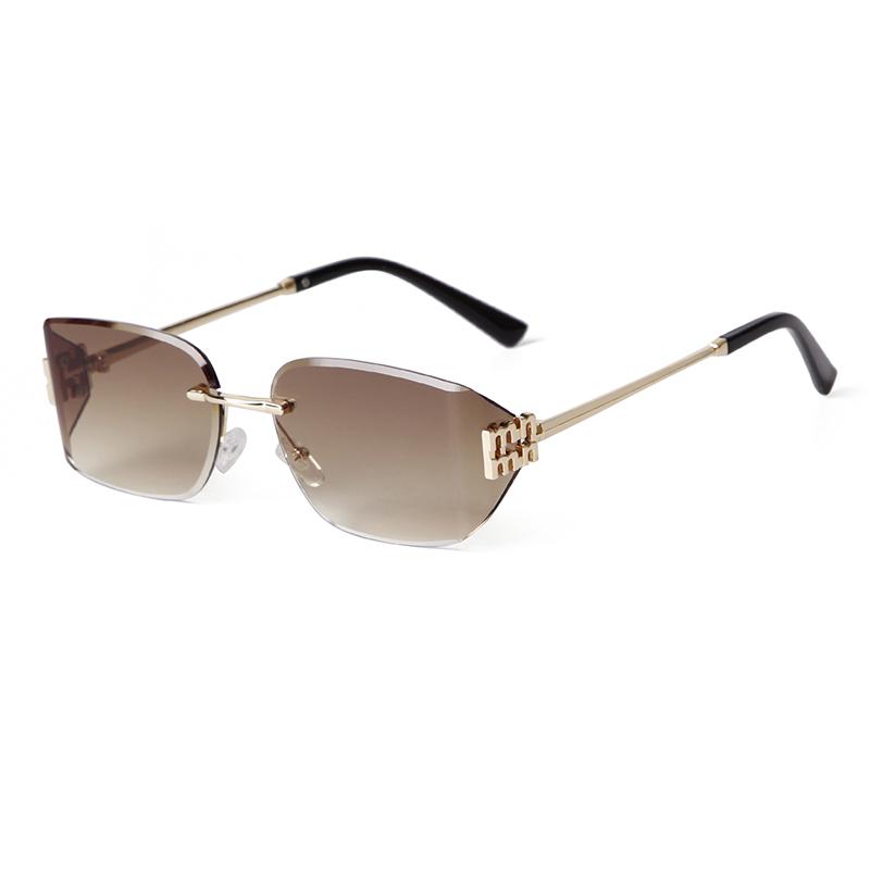 Lunettes de soleil rectangulaires sans monture bleues tendance pour femmes hommes Rivets métalliques uniques Verres dégradés gris Protection UV