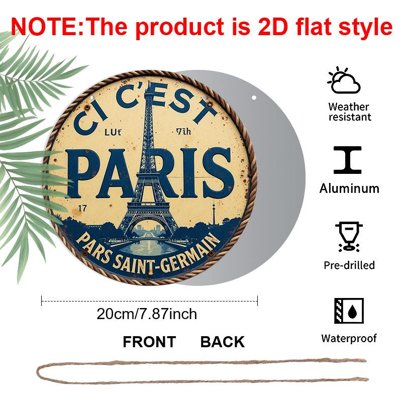 2D Flat, 1pc Vintage-Inspired Paris Eiffel Tower Art - Rustic Round Aluminum Sign with Inspirational Quote, Perfect for Living Room, Bedroom, or