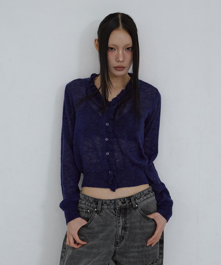 Uusoo Kid Mohair Lace V-Neck Cardigan_ Navy