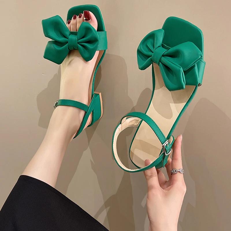 Large Solid Color Open-toe Sandals Women 2024 Summer New One-line Buckle Fashion Temperament Bow Knot Comfortable Women's Shoes