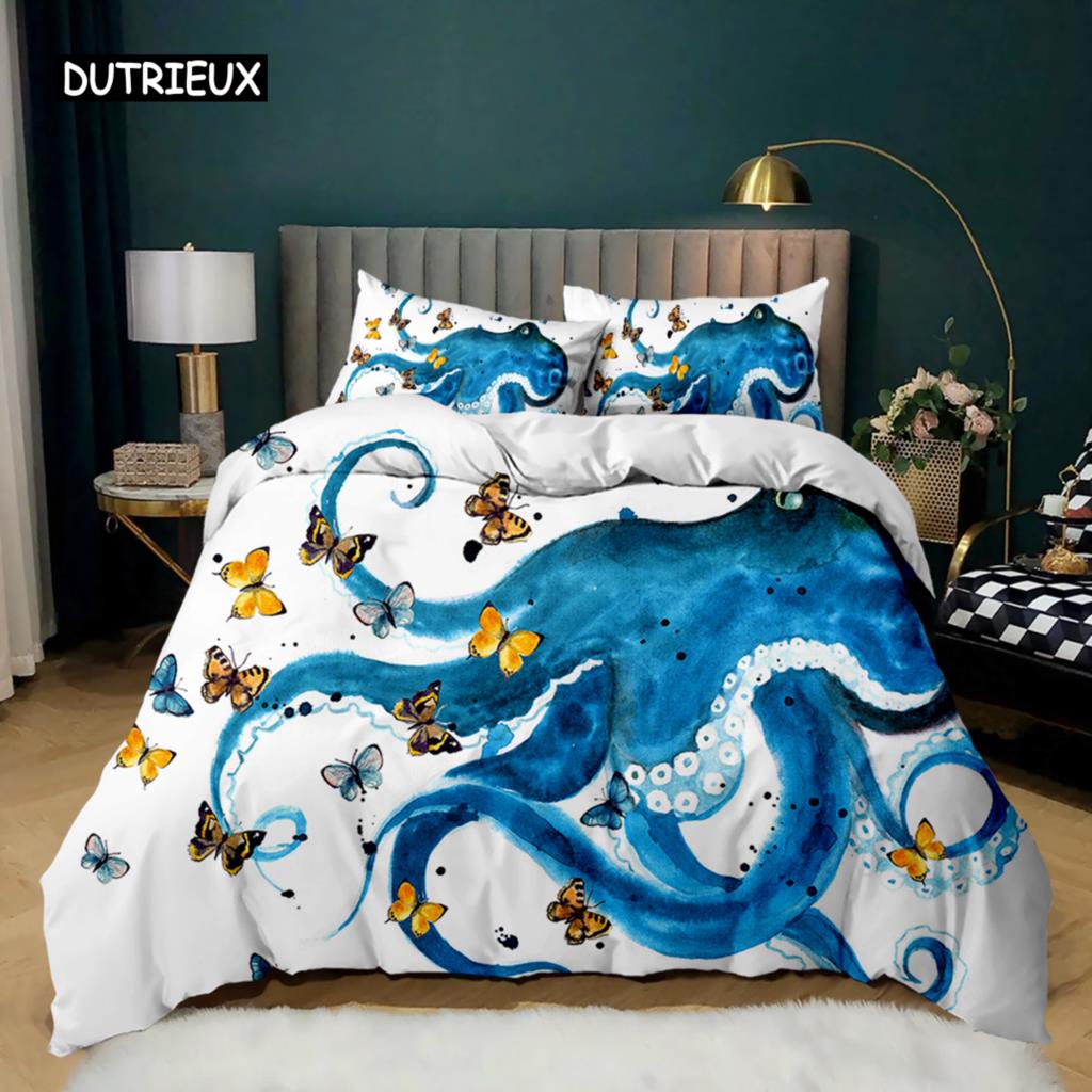 Octopus Duvet Cover Sealife Bedding Set Ocean Animal Comforter Cover Teens Adults Double Queen King Size Polyester Qulit Cover
