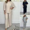 Women'S Round Neck Color Casual Cotton Linen 3/4 Sleeve Top And Pants Set