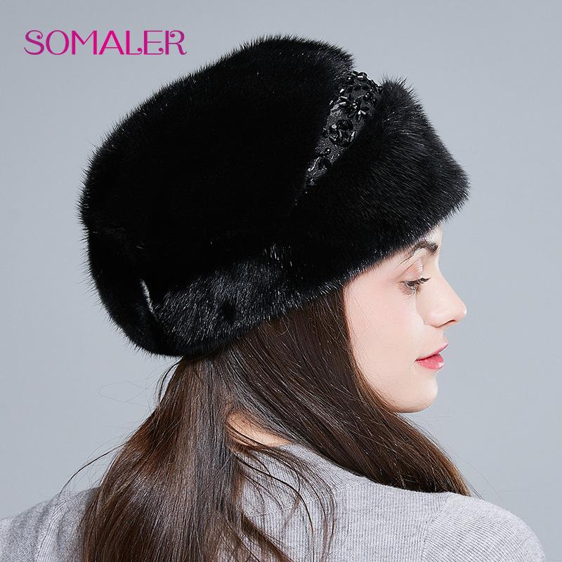 SOMALER Whole Mink Fur Hats for Women Winter Elegant Princess Fur Beanies Fashion Style Warm Fur Cap