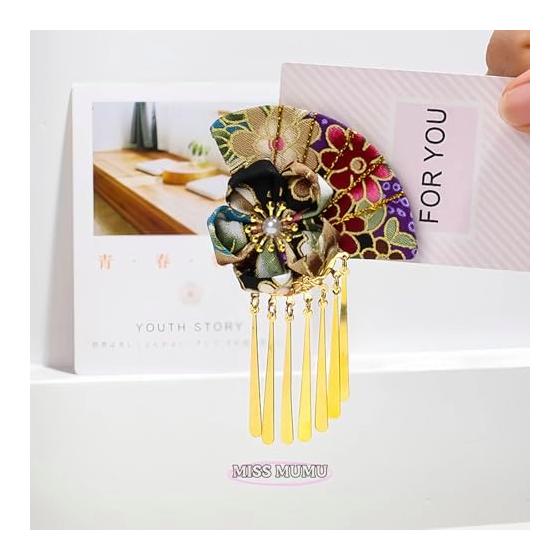 MISS MUMU Fan Hair Clip with Tassels and Flowers, Japanese Style Hair Accessory for Kimono, Formal Events, Stage Props, Cosplay, Photo Shoots,