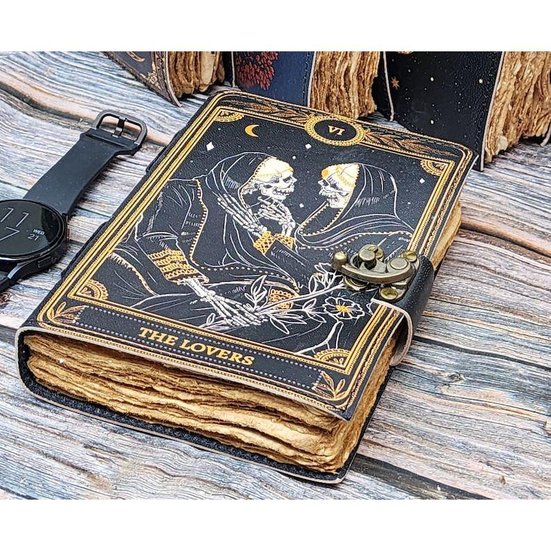 Grimoire Journal - Leather Print Journal - Blank Spell Book of Shadows, Wiccan, Book of Lovers Gifts, Gift for Him Her
