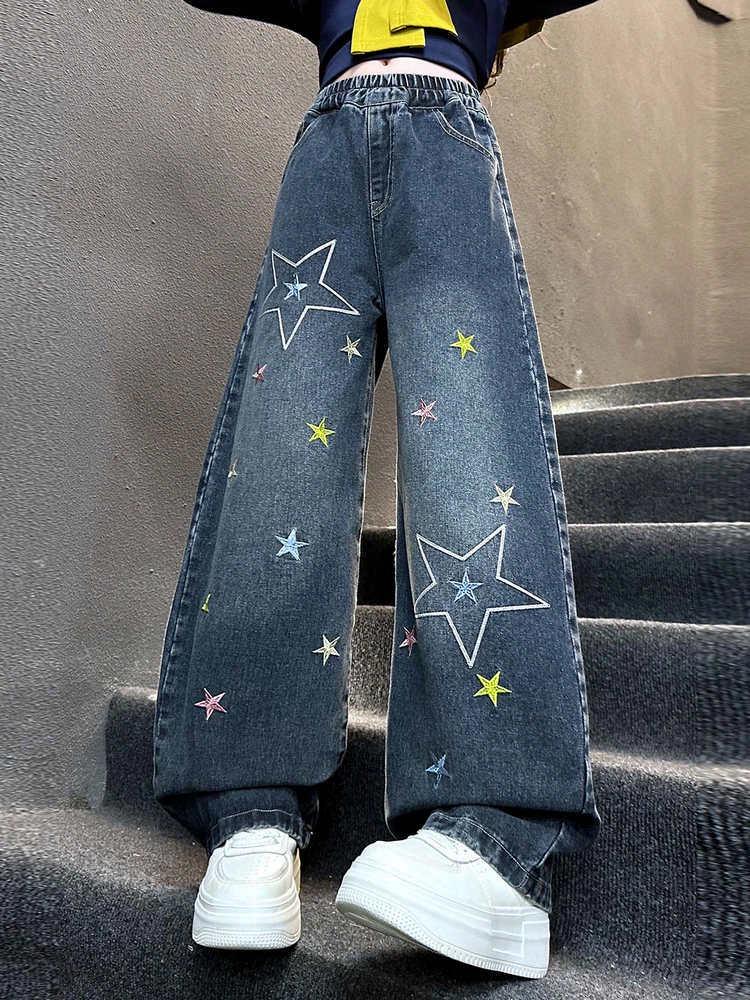 Women's 2025 Autumn Retro Star Embroidered Wide-Leg Jeans