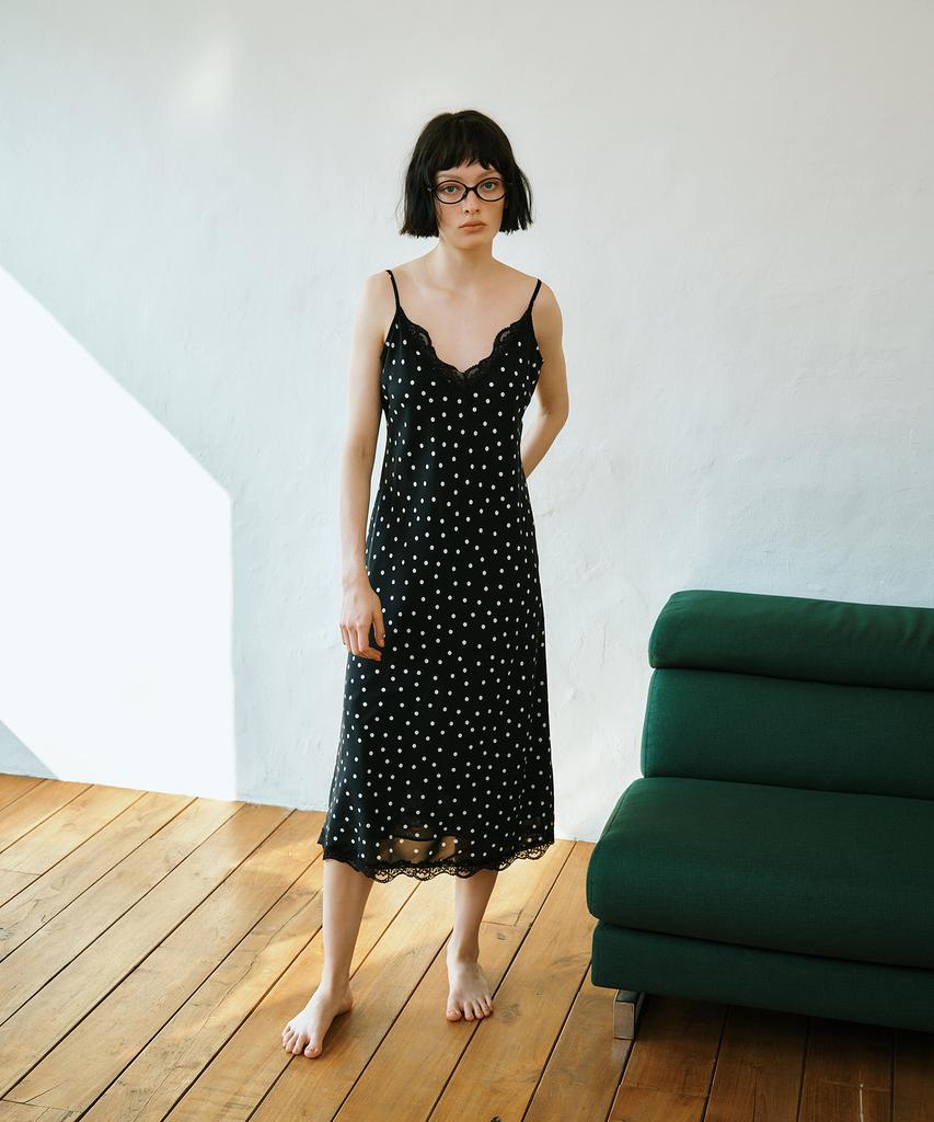 Green Butter Dot Lace Slip Dress (Black)