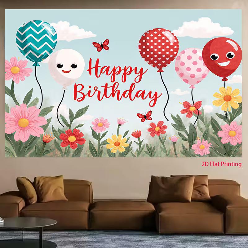 2D Kindergeburtstags-Hintergrund mit lächelnden Ballons, Blumen und Schmetterlingen
