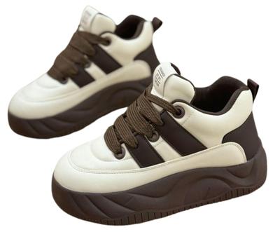 Platform Sneakers with Color Comfortable for Casual [1/2style] Two-Stripe Blocking, Lace-Up, Cushioned, Walking, Style, Women's (Brown, 24)