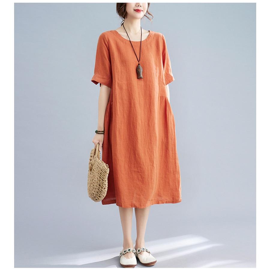 Cotton Linen Solid Vintage Dresses Summer Autumn Clothing Women Casual Mid-length Dress