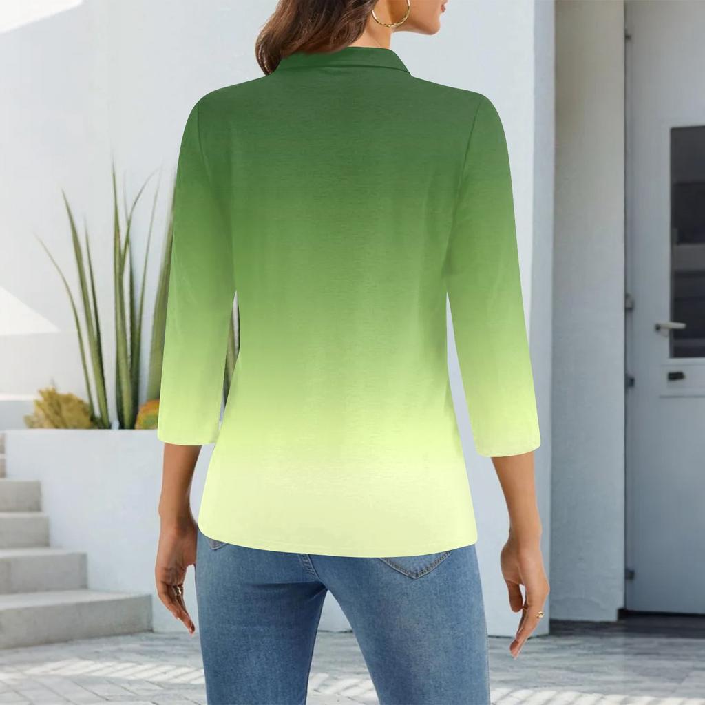 Women's Fashion Casual Lapel Short 3/4 Sleeve Print Shirt Women's Up Tops