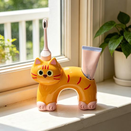 Yousheng Toothbrush Holder, Cat Shape with Drain Port, Mold-Resistant Double-Hole Ceramic Organizer for Bathroom