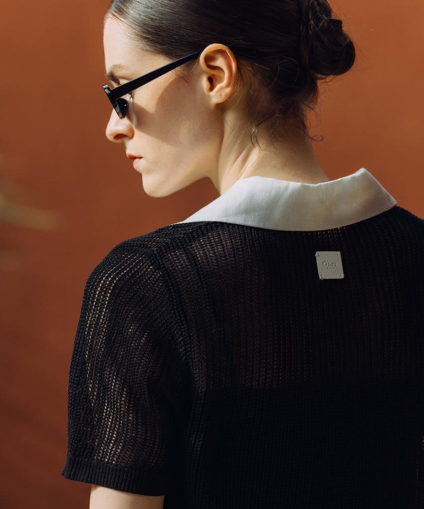 OBER GOLF Linen Combination Mesh Knit Top (Black)