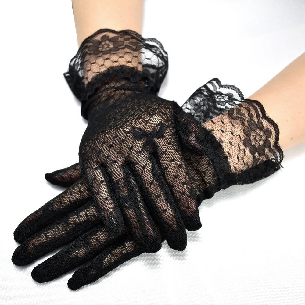 Full Finger Bridal Gloves Mesh Tulle Mittens Fashion Bow Short Sunscreen Lace Gloves  Women