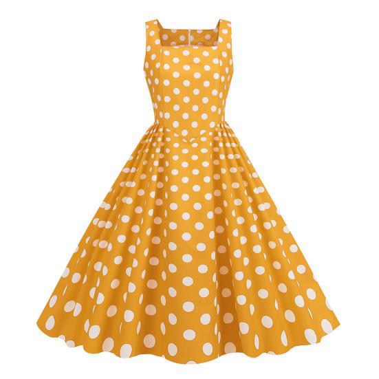 Damenkleid im Retro-Stil, A-Linie, großer Schwung, eng, hohe Taille, ärmellos, quadratischer Ausschnitt, Punktdruck