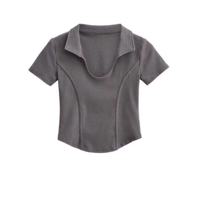 Sommer Neue Kurzarm Casual T-shirt Frauen Mode Vintage Slim Fit T Tops Büro Dame Solide Drehen-unten Kragen Einfache T Shirt Weibliche 24289