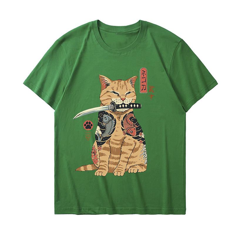 Tricou Amuzant din Bumbac Pisică Samurai Japonez Tricouri pentru Iubitori Tricouri cu Pisici Retro Casual Tricou cu Mânecă Scurtă Unisex Haine Femei