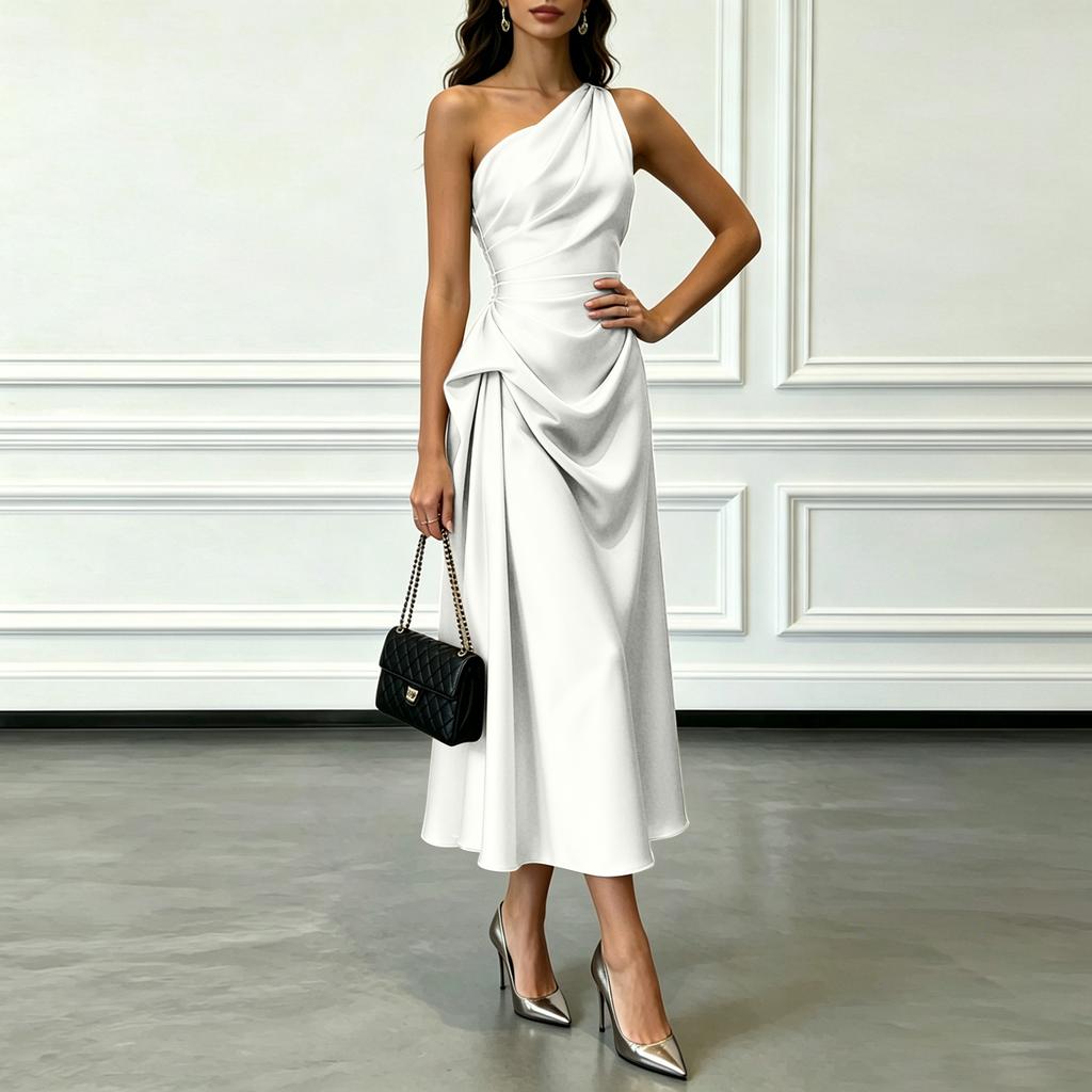 Women's Satin Pleated Waist Sleeveless Evening Dress One Shoulder Draped Formal Gown Midi Length Elegant Silky Fabric