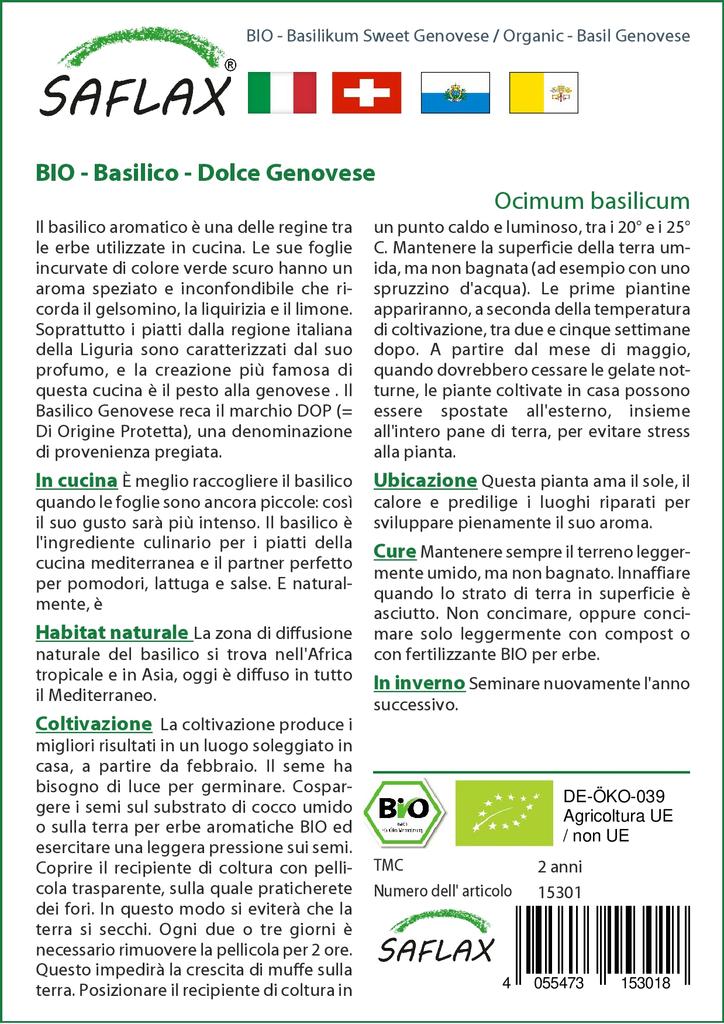 SAFLAX Jardín en bolsa - Orgánico - Albahaca genovesa - 800 semillas - Con sustrato en bolsa de pie - Ocimum basilicum