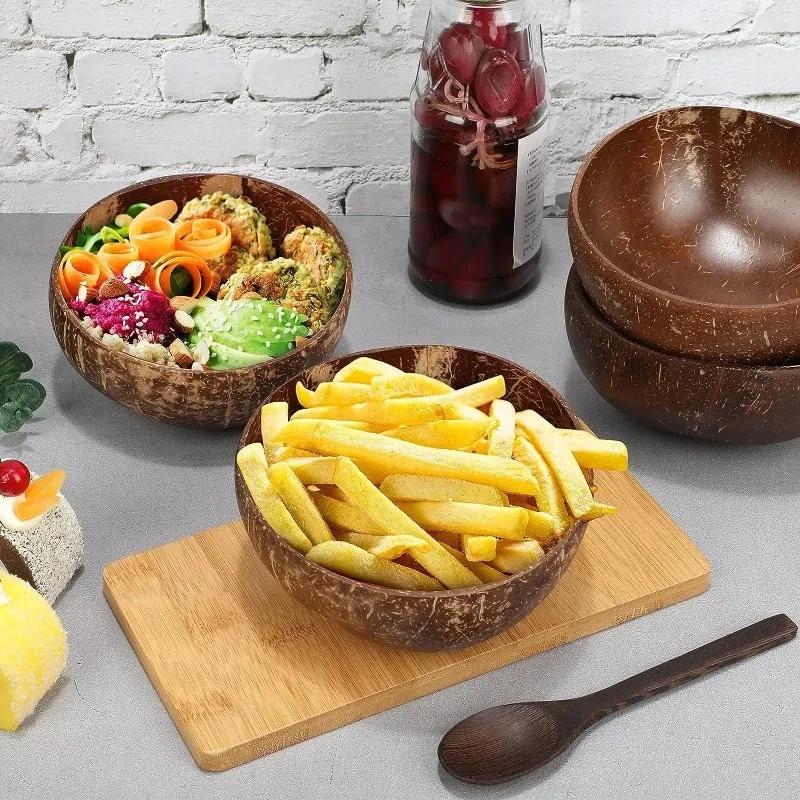 Natural Coconut Bowl Handmade Wooden Tableware Dessert Fruit Salad Mixing Rice Ramen Bowl with Spoon Kitchen Reusable Dinnerware