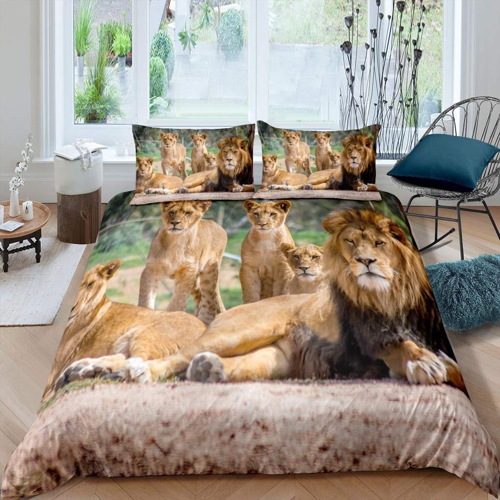 Lion Duvet Cover Set Microfiber Couple Bedding Set For Boys Teens 3D Animal Print Comforter Cover African Wildlife Quilt Cover