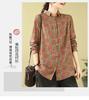 1116 early autumn new literary and retro printing cotton and linen long-sleeved shirt women's autumn loose mother shirt