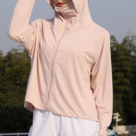 Giacca con cappuccio da donna per protezione solare, leggera, manica lunga, maglia solare, cerniera intera, giacca sportiva con tasche per escursionismo all'aperto