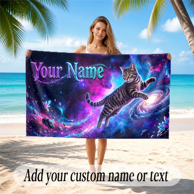 Cat Theme Soft Beach Towel Personalized Custom Name Text Towel Portable for Beach Pool Travel