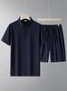 Summer Ice Silk Polo Shirt & Shorts Set for Men, Middle-aged & Elderly Stand-up Collar Dad's Two-piece Outfit, Short Sleeve