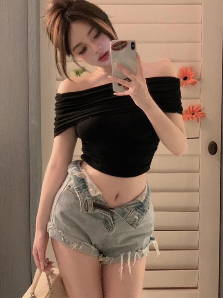 Summer Women Sleeveless T Shirts Cotton Solid T-shirt Off Shoulder High Waist Crop Top Tee Female Casual T Shirt