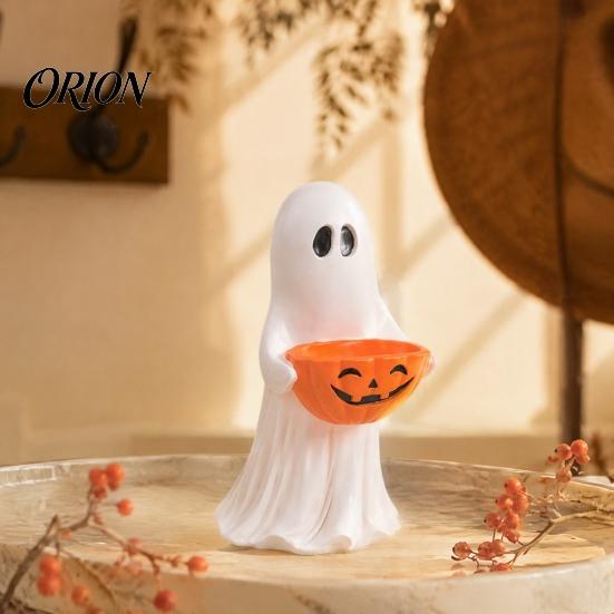 Easy to Clean Home Ornaments Resin Ghost Statue with Pumpkin Candy Bowl for Halloween Table Decor, Cute Desktop Organizer Living Room Bedroom