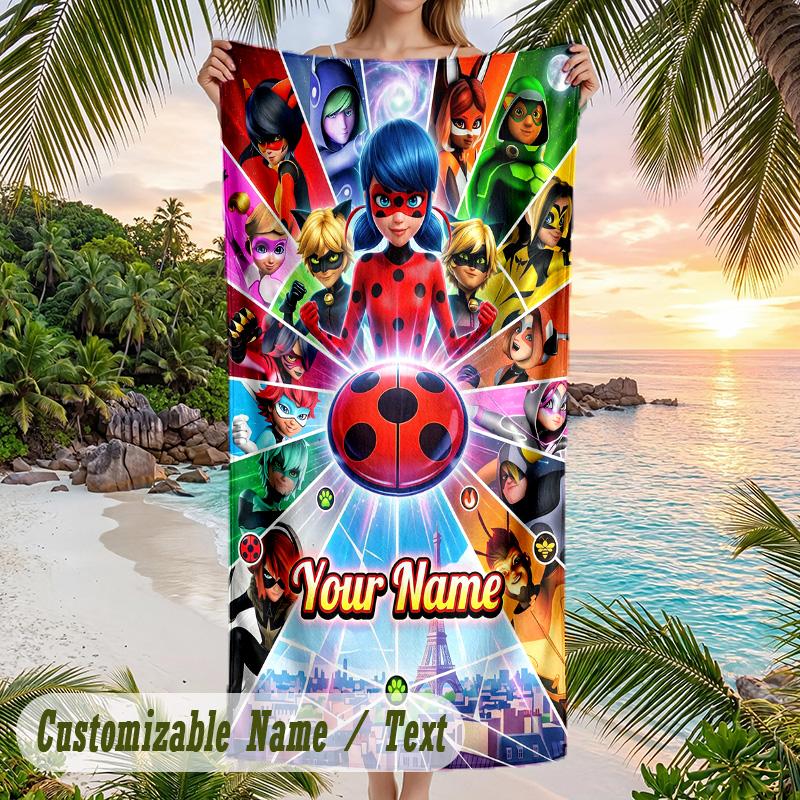 Miraculous Ladybug Beach Towel, Personalized Custom Text, Quick Dry Soft Large Towel For Swimming Pool Travel
