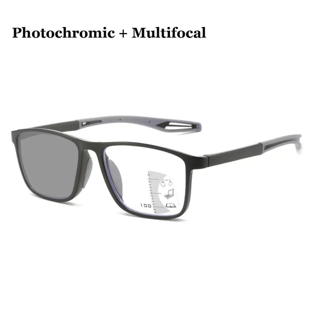 Men Women Progressive Near Far Eyewear Ultralight Photochromic Reading Glasses Anti-Blue Lamp Multifocal Color Changing Glasses