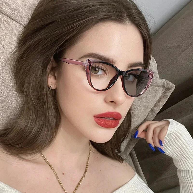 Fashion Women Cat Eye Photochromic Myopia Glasses Trendy Anti-Blue Light/Uv400 Vintage Frame Minus Diopter Eyewear 0 To -4.0